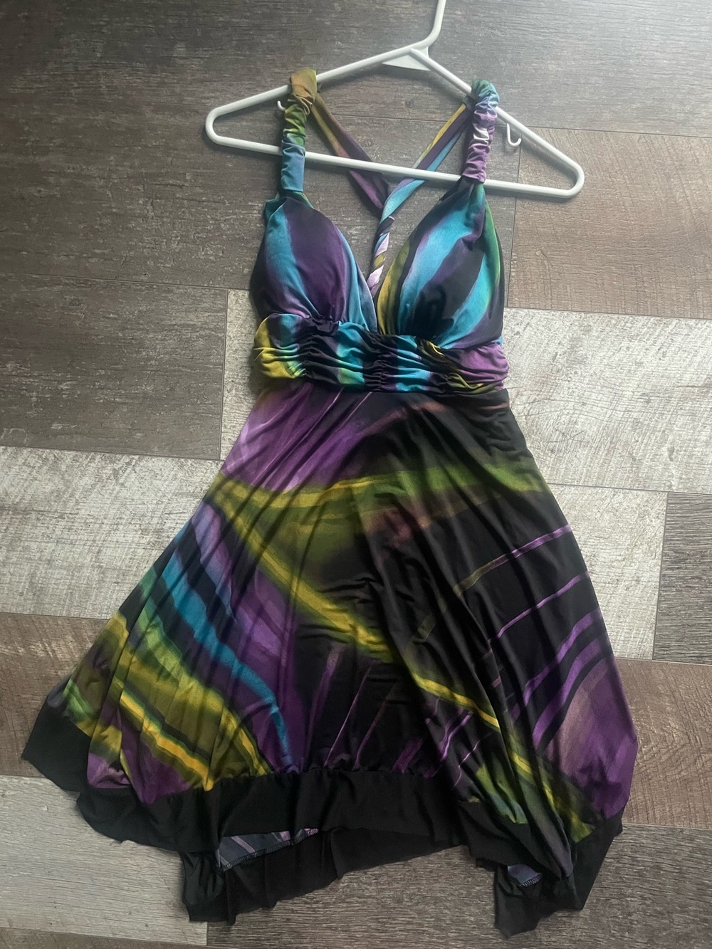 True Light Black Halter Midi Dress With Blue, Purple And Green Accents